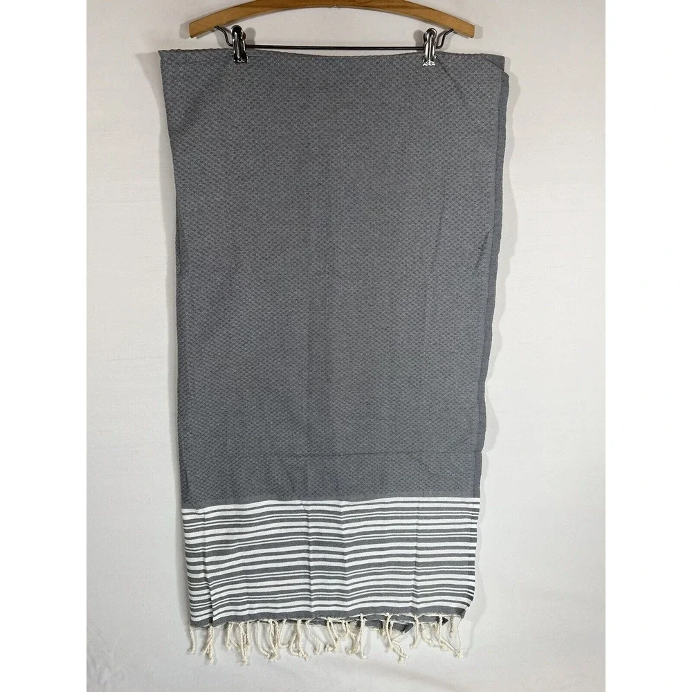 Williams Sonoma Table Runner Gray Stripe Linen Fringe Minimalist Coastal Decor